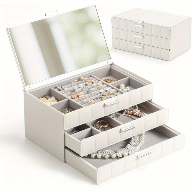 Women's Large Jewelry Box Organizer with Mirror - Waterproof & Dustproof Heavy-Duty Plastic Construction, White Imitation Leather-like Texture, Golden-Toned Hinges & Clear Drawers - Medium Size with Soft Cushioned Compartments for Earrings, Rings,