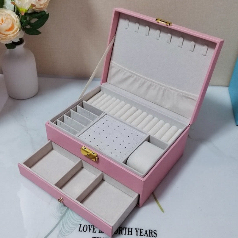 Women's Elegant Multi-Drawer Jewelry Box with Locking Mechanism & Soft Fabric-Like Lining - Multi-Compartment Organizer for Necklaces, Rings, Earrings, Bracelets - Durable Construction, Multi-Color Options, Decorative Storage Case for Home & Office -