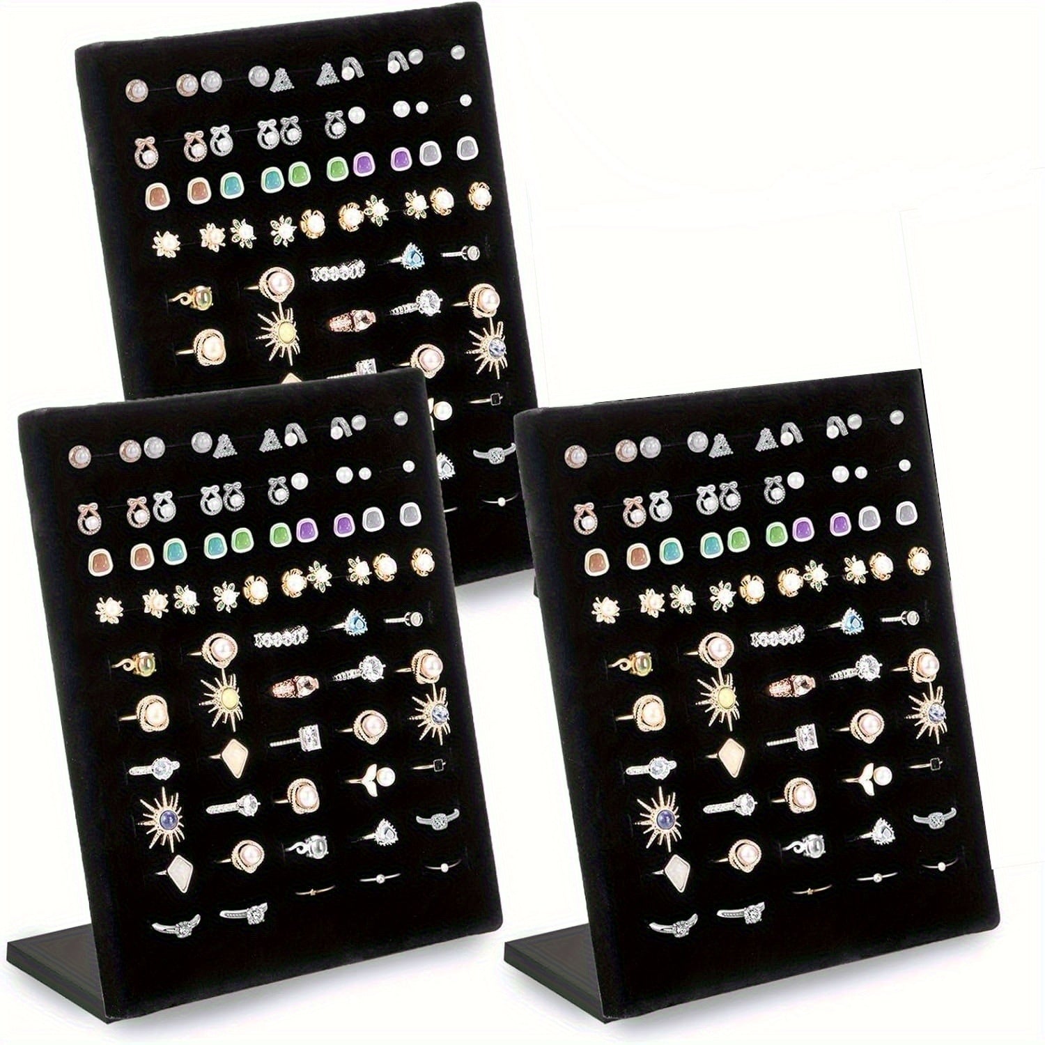 Hiceeden 3-Pack L-Shaped Jewelry Display Stands with 60 Slots - Black Velvet-Lined Plastic Ring Organizer Trays for Earrings, Rings, Bracelets - Desktop Retail Store & Home Storage, Earring Arrangement, Intertwined Design, Durable Construction, Jewelry