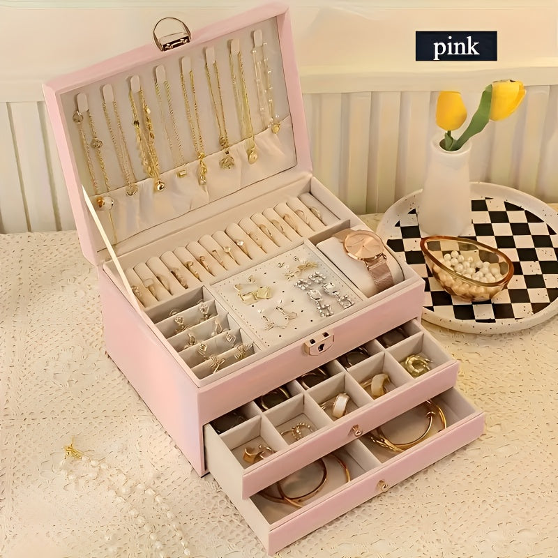 2025 Best-Selling Locking Jewelry Box with Three Layers, Large Capacity Soft Lining for Earrings Rings Necklaces Storage
