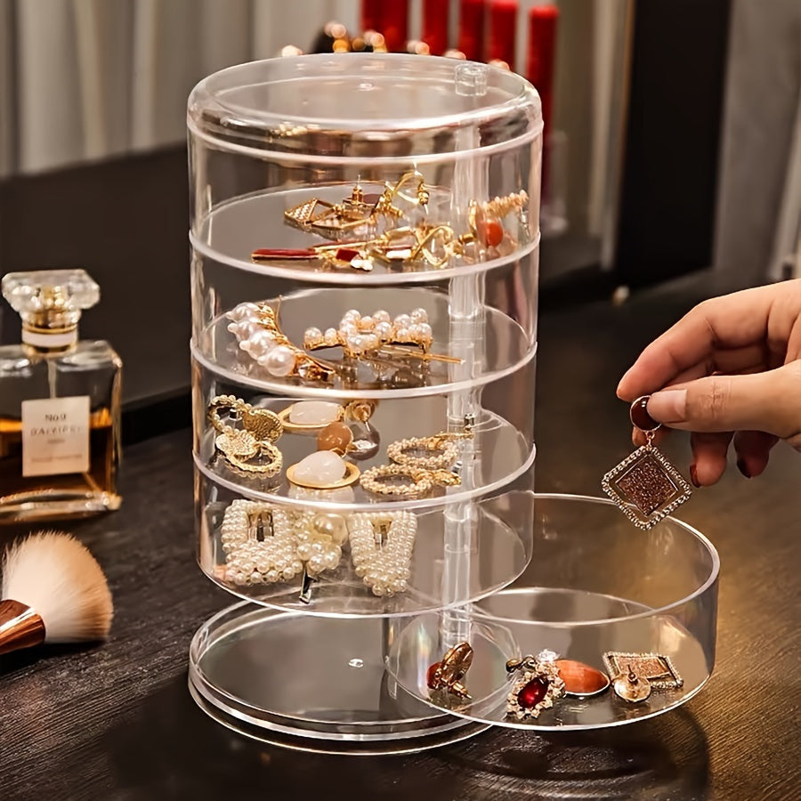 Large 5-Layer Rotating Jewelry Organizer with Dustproof Lid - Transparent, Multi-Compartment Storage for Hair Accessories, Bangles, Necklaces, Earrings, Rings & Watches, Jewelry Chests