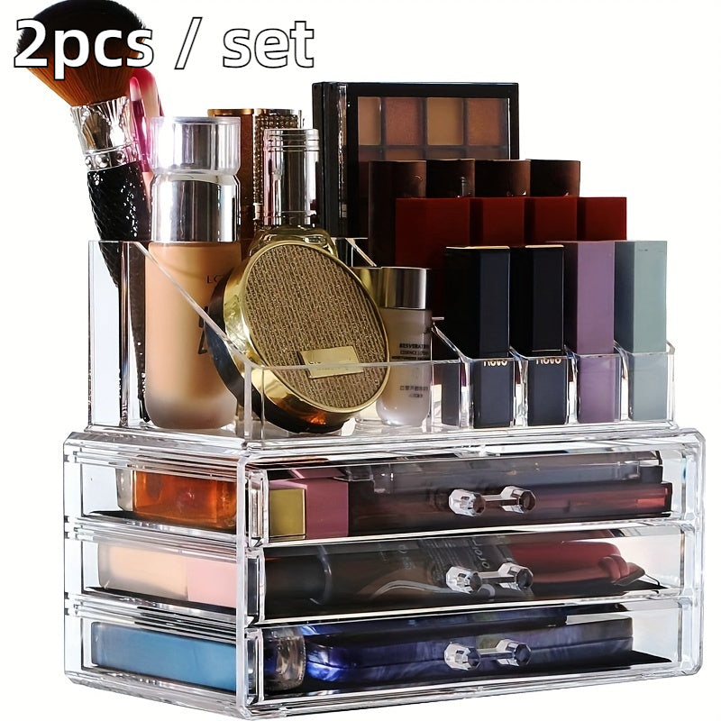 2pcs/set Acrylic Jewelry and Cosmetic Storage Boxes - Contemporary Style, Multipurpose Rectangle Organizer with Drawers, Stackable Transparent Dressing Table Accessory, No Electricity Needed - For Women & Girls - Organize Jewelry & Cosmetics - Perfect
