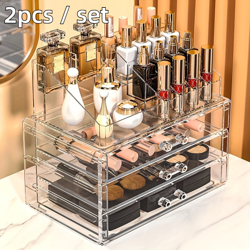 2pcs/set Acrylic Jewelry and Cosmetic Storage Boxes - Contemporary Style, Multipurpose Rectangle Organizer with Drawers, Stackable Transparent Dressing Table Accessory, No Electricity Needed - For Women & Girls - Organize Jewelry & Cosmetics - Perfect