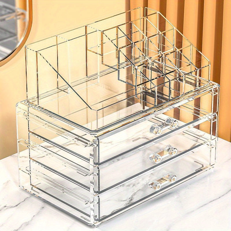 2pcs/set Acrylic Jewelry and Cosmetic Storage Boxes - Contemporary Style, Multipurpose Rectangle Organizer with Drawers, Stackable Transparent Dressing Table Accessory, No Electricity Needed - For Women & Girls - Organize Jewelry & Cosmetics - Perfect