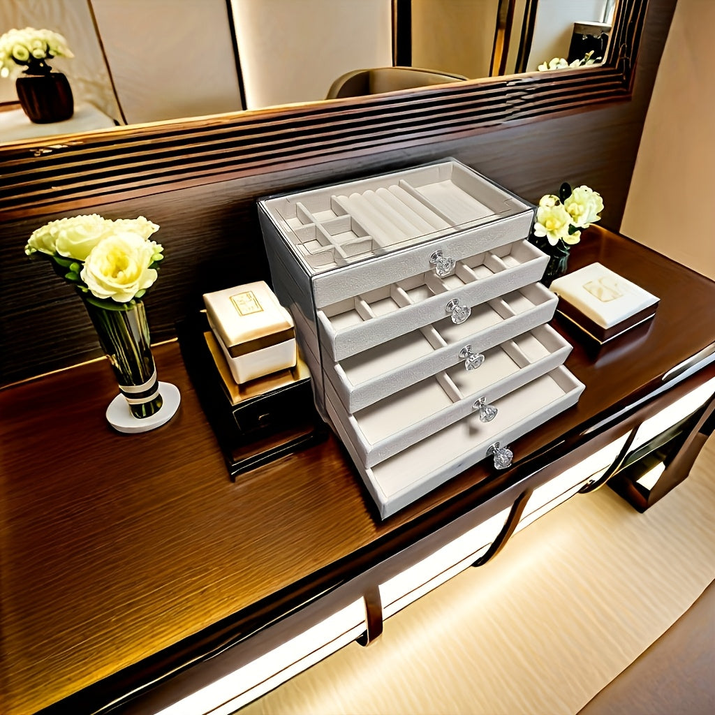 1pc 5-Tier Velvet-Lined Acrylic Jewelry Box with Handle - Elegant Desktop Organizer for Earrings, Makeup, Accessories - Classic Rectangular Design for Vanity, Bathroom, Dresser Storage