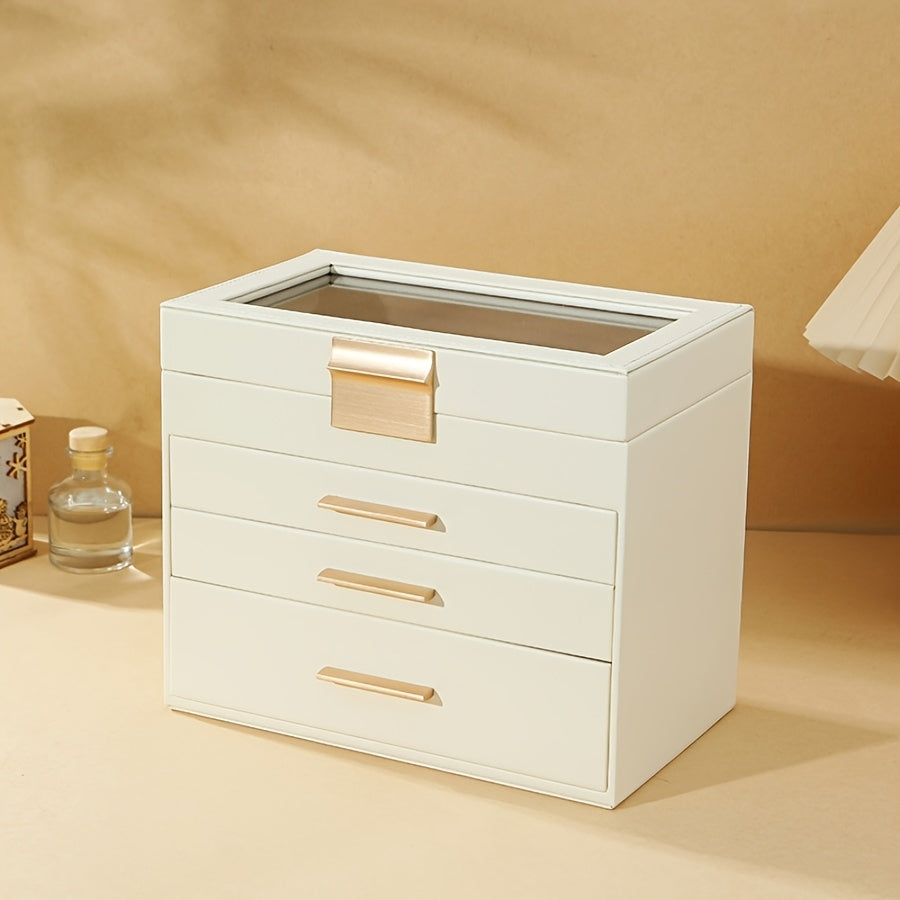 4-Layer Octagonal Faux Leather Jewelry Organizer with Transparent Drawers - Ring, Earring & Necklace Storage Box, Soft-Lined Compartments, Golden Handles, Polished Finish for Dresser or Desk - Elegant Gift for Mother’s Day, Valentine’s, Thanksgiving,