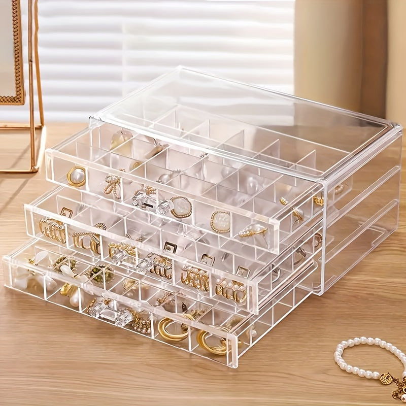 3-Tier Jewelry Organizer Box with Lid - 72-Compartment Clear Plastic Storage for Earrings, Necklaces, Bracelets, Crafts & Seeds - Multi-Layer Drawer Design for Easy Organization, Jewelry Organizer Storage