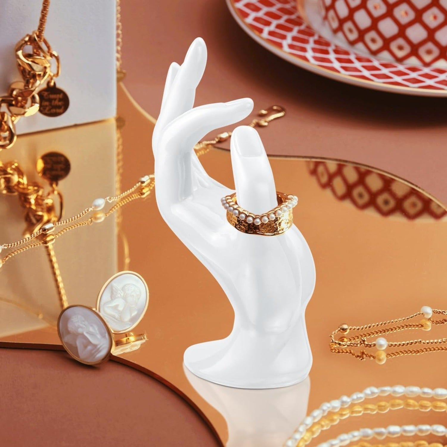 3-Pack Clear, White, Black Jewelry Display Stands - Sturdy Base Mannequin Hand Organizer with - for Home, Salon, Boutique - No Assembly Needed Jewelry Rack for Rings, Bracelets, Watches, Earrings - Space-Saving Countertop or Shelf Storage, Jewelry