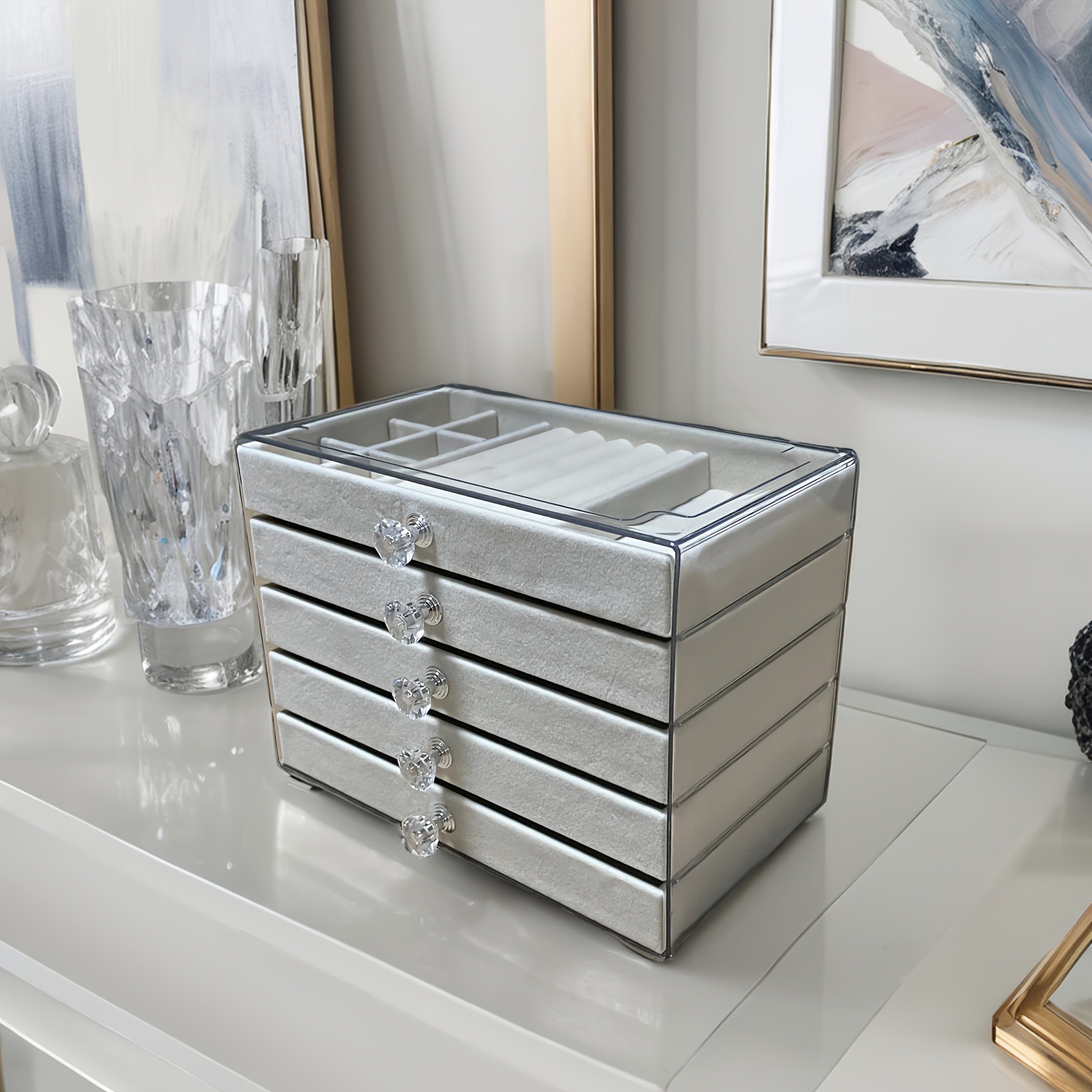 1pc 5-Tier Velvet-Lined Acrylic Jewelry Box with Handle - Elegant Desktop Organizer for Earrings, Makeup, Accessories - Classic Rectangular Design for Vanity, Bathroom, Dresser Storage