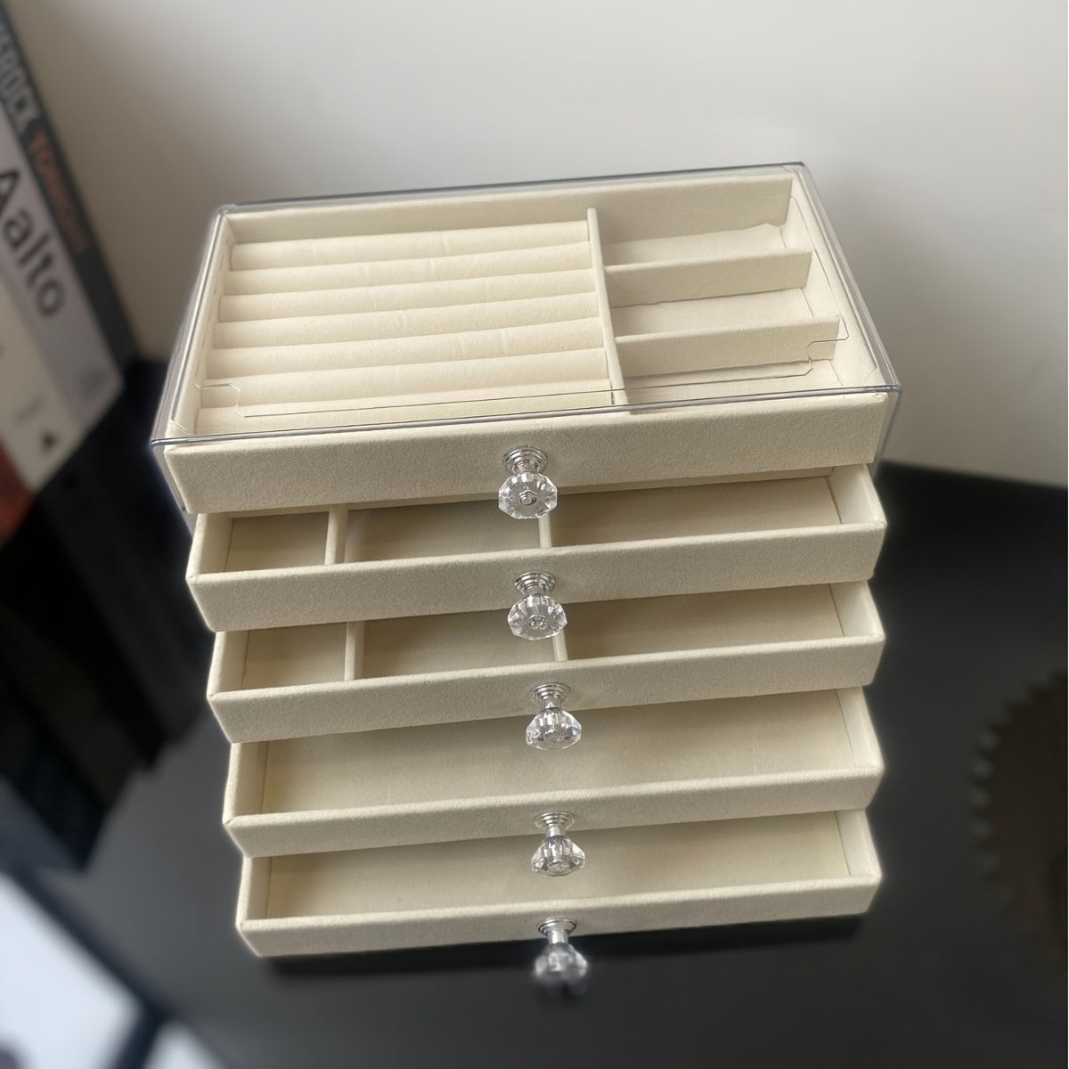 1pc 5-Tier Velvet-Lined Acrylic Jewelry Box with Handle - Elegant Desktop Organizer for Earrings, Makeup, Accessories - Classic Rectangular Design for Vanity, Bathroom, Dresser Storage