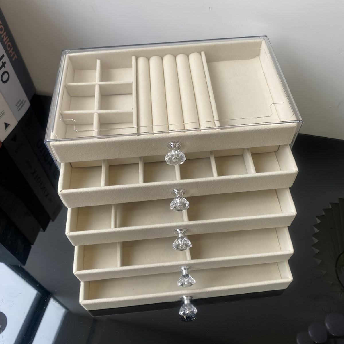 1pc 5-Tier Velvet-Lined Acrylic Jewelry Box with Handle - Elegant Desktop Organizer for Earrings, Makeup, Accessories - Classic Rectangular Design for Vanity, Bathroom, Dresser Storage