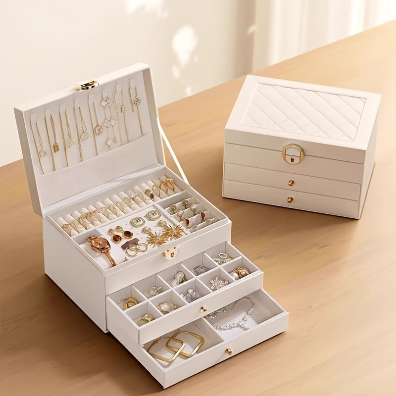 Fashionable High-End Jewelry Storage Box with Three Drawers, Large Capacity, Elegant Desktop Display Box, Multiple Compartments for Necklaces, Earrings, Rings, And Bracelets, No Power Required