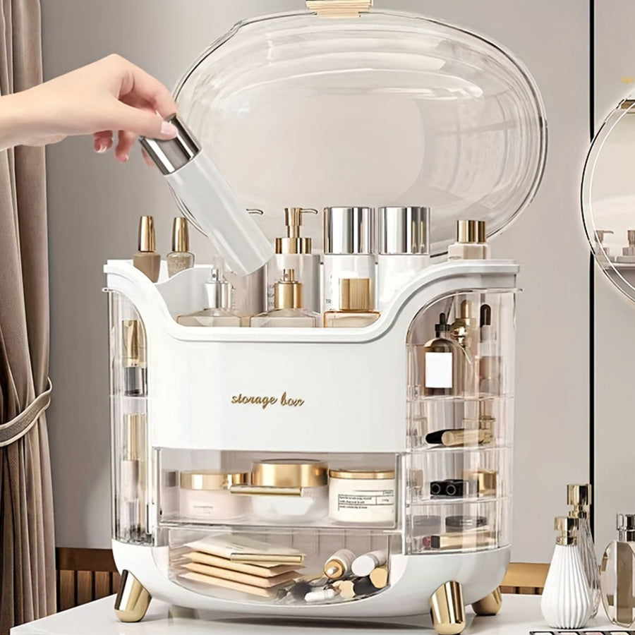 Large Capacity Plastic Cosmetic Organizer with Drawers & Compartments - Elegant Pastel Mint Green & White Portable Makeup Storage Box, Golden-Toned Hardware, Durable Lightweight Design for Bathroom, Vanity, Bedroom - Jewelry & Accessory Organizer, No