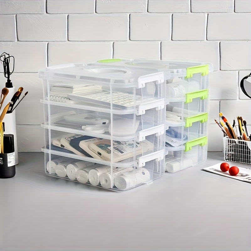 4-Tier Transparent Storage Box Set - Stackable, Organizer with Green Handles, Ideal for Jewelry, Hair Accessories & More, Accessory Organization | Sleek Storage Box | Plastic Construction, Jewelry Organizer