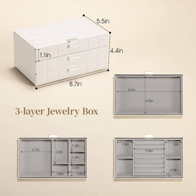 Women's Large Jewelry Box Organizer with Mirror - Waterproof & Dustproof Heavy-Duty Plastic Construction, White Imitation Leather-like Texture, Golden-Toned Hinges & Clear Drawers - Medium Size with Soft Cushioned Compartments for Earrings, Rings,