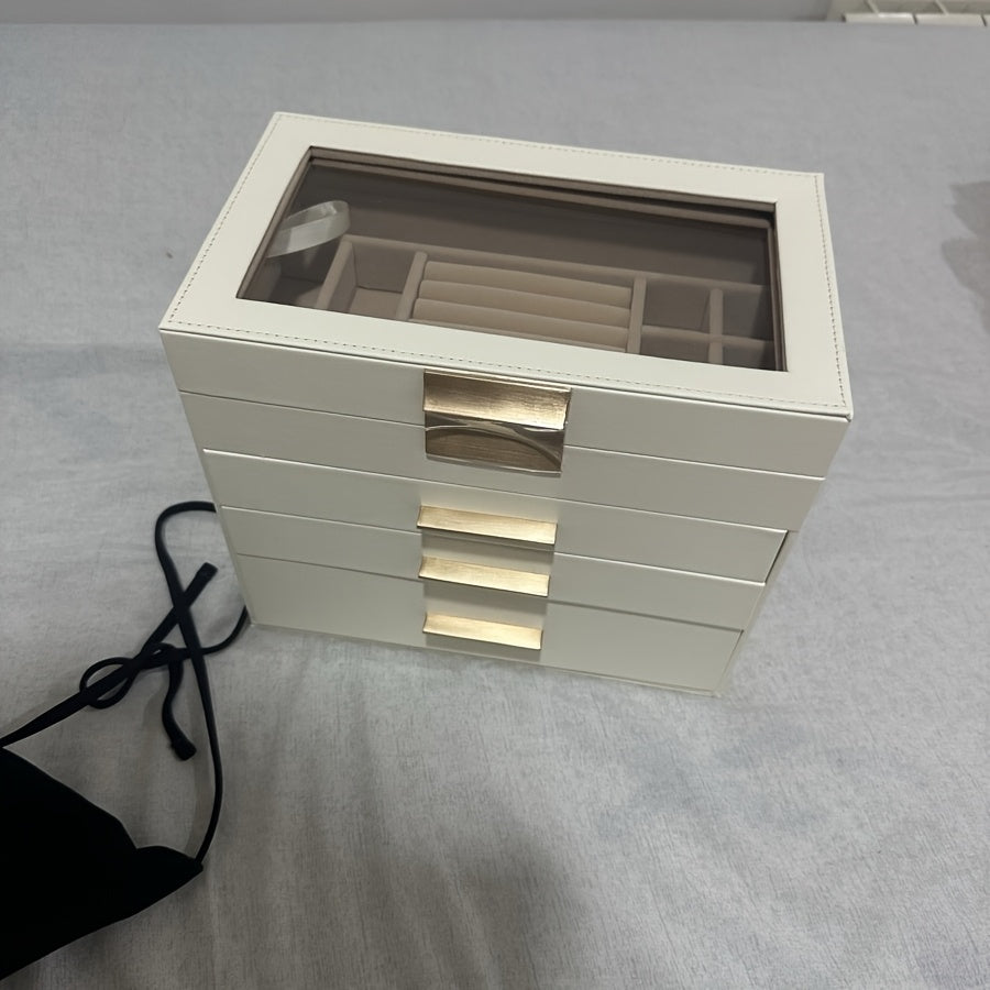 4-Layer Octagonal Faux Leather Jewelry Organizer with Transparent Drawers - Ring, Earring & Necklace Storage Box, Soft-Lined Compartments, Golden Handles, Polished Finish for Dresser or Desk - Elegant Gift for Mother’s Day, Valentine’s, Thanksgiving,