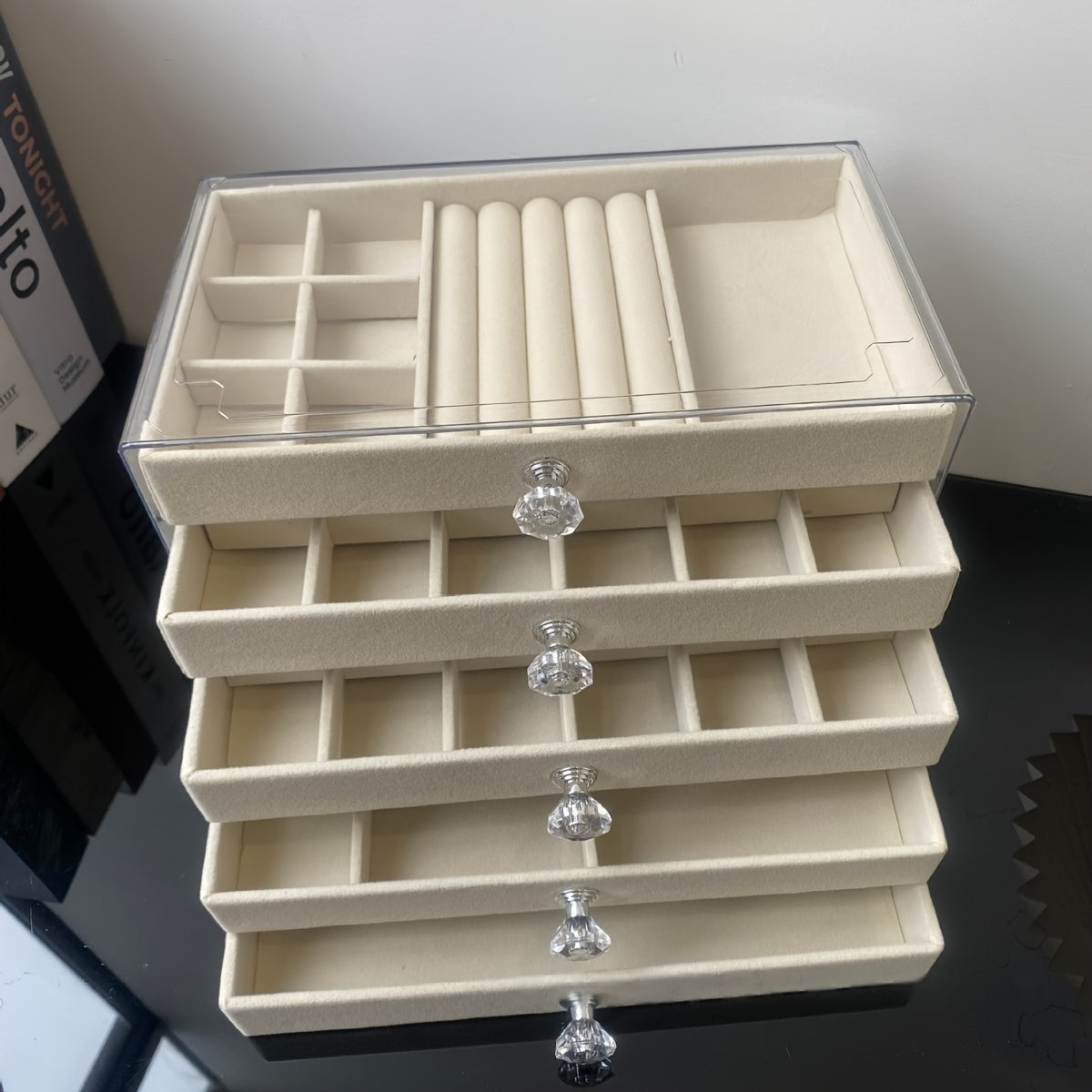 1pc 5-Tier Velvet-Lined Acrylic Jewelry Box with Handle - Elegant Desktop Organizer for Earrings, Makeup, Accessories - Classic Rectangular Design for Vanity, Bathroom, Dresser Storage