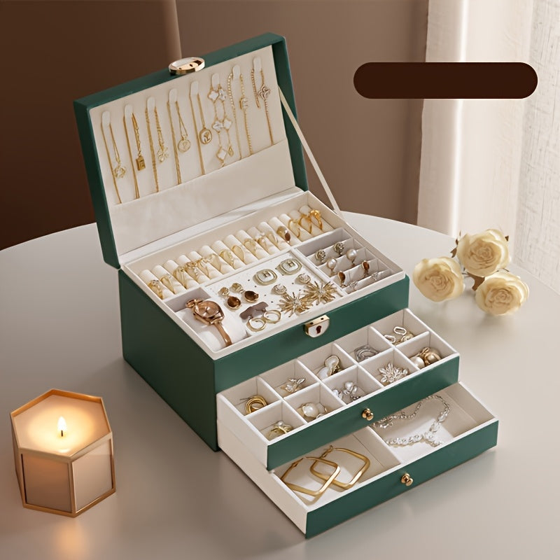Fashionable High-End Jewelry Storage Box with Three Drawers, Large Capacity, Elegant Desktop Display Box, Multiple Compartments for Necklaces, Earrings, Rings, And Bracelets, No Power Required