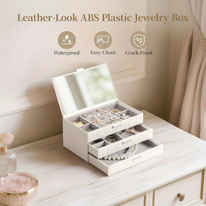 Women's Large Jewelry Box Organizer with Mirror - Waterproof & Dustproof Heavy-Duty Plastic Construction, White Imitation Leather-like Texture, Golden-Toned Hinges & Clear Drawers - Medium Size with Soft Cushioned Compartments for Earrings, Rings,