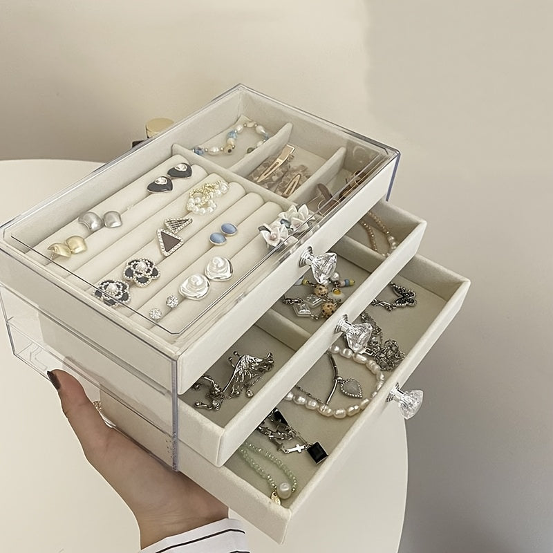 A Three-Layer Acrylic Jewelry Storage Box with Drawers for Earrings, Rings, And Necklaces - Featuring a Moisture-Proof Faux Leather Lining And a Modern Design, This Luxurious Large-Capacity Display Box Set Includes Six Pieces, Making It Perfect for Gifts