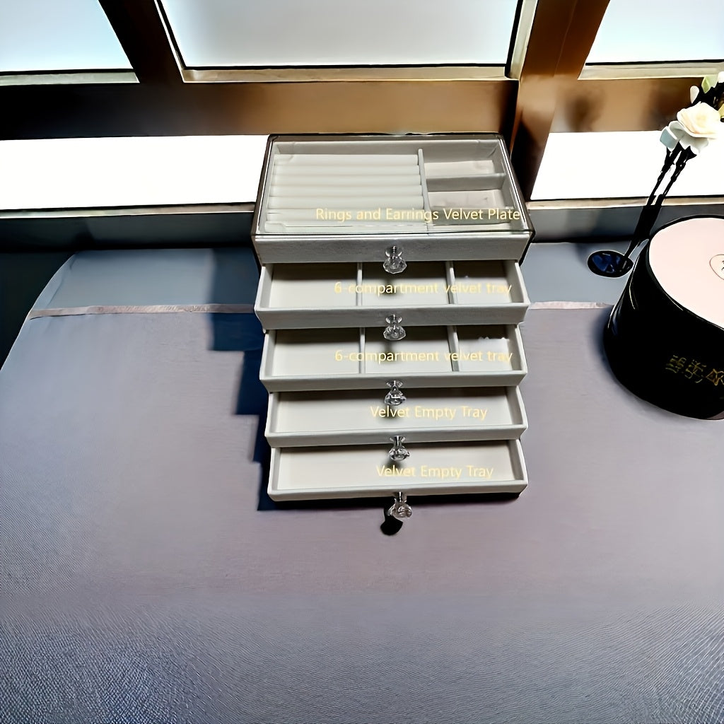 1pc 5-Tier Velvet-Lined Acrylic Jewelry Box with Handle - Elegant Desktop Organizer for Earrings, Makeup, Accessories - Classic Rectangular Design for Vanity, Bathroom, Dresser Storage