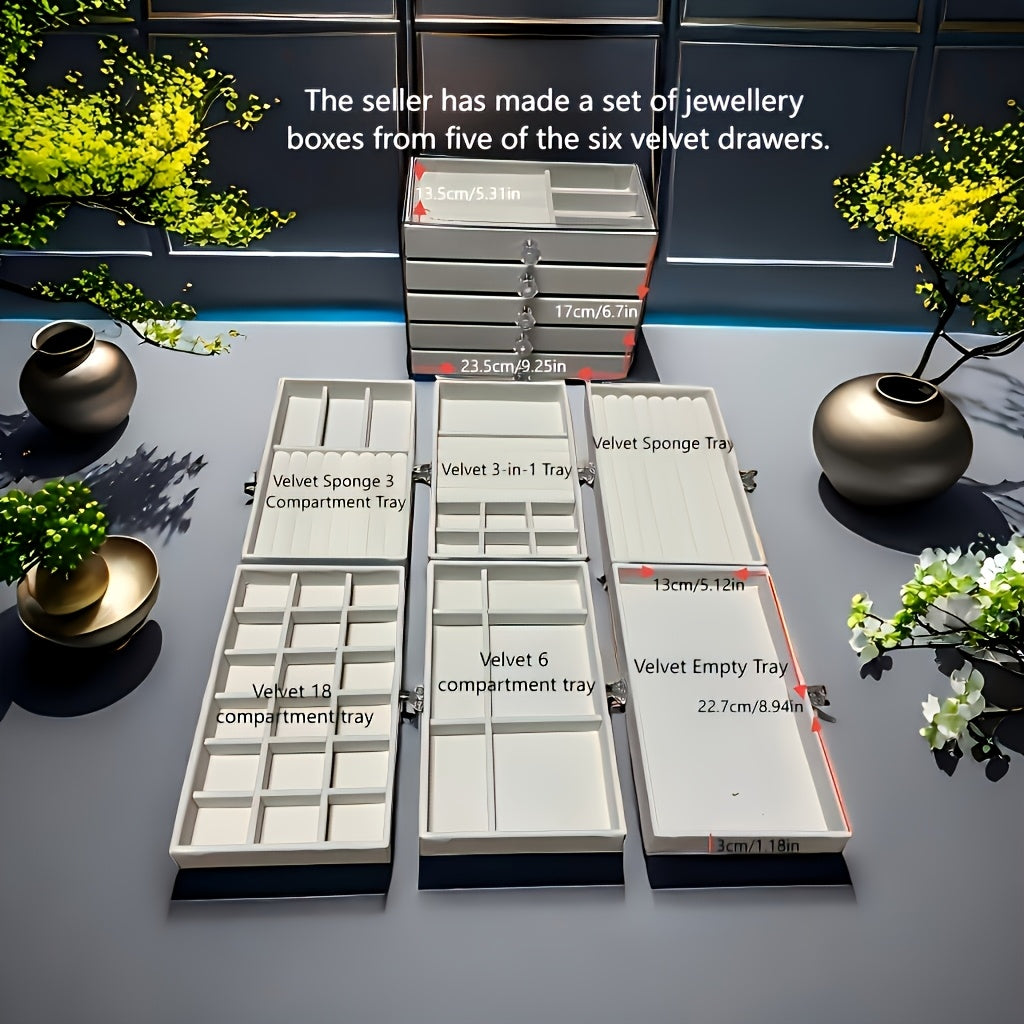 1pc 5-Tier Velvet-Lined Acrylic Jewelry Box with Handle - Elegant Desktop Organizer for Earrings, Makeup, Accessories - Classic Rectangular Design for Vanity, Bathroom, Dresser Storage