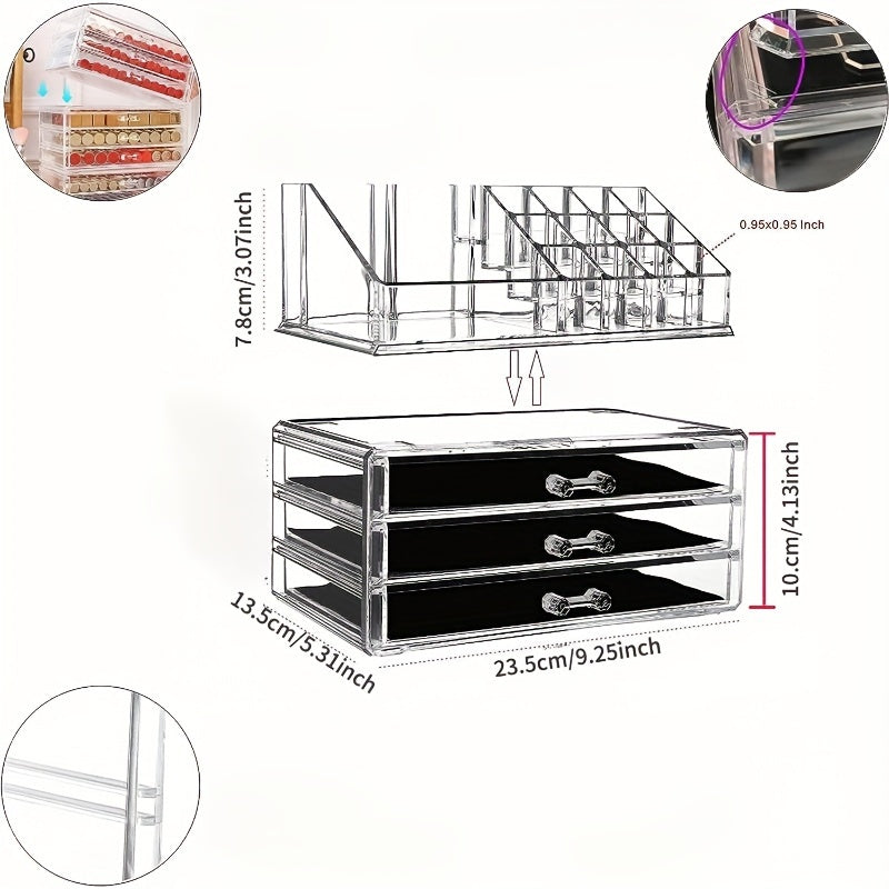 2pcs/set Acrylic Jewelry and Cosmetic Storage Boxes - Contemporary Style, Multipurpose Rectangle Organizer with Drawers, Stackable Transparent Dressing Table Accessory, No Electricity Needed - For Women & Girls - Organize Jewelry & Cosmetics - Perfect