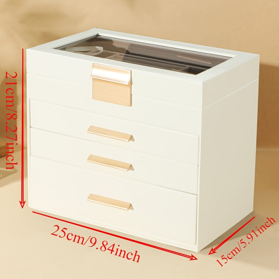 4-Layer Octagonal Faux Leather Jewelry Organizer with Transparent Drawers - Ring, Earring & Necklace Storage Box, Soft-Lined Compartments, Golden Handles, Polished Finish for Dresser or Desk - Elegant Gift for Mother’s Day, Valentine’s, Thanksgiving,