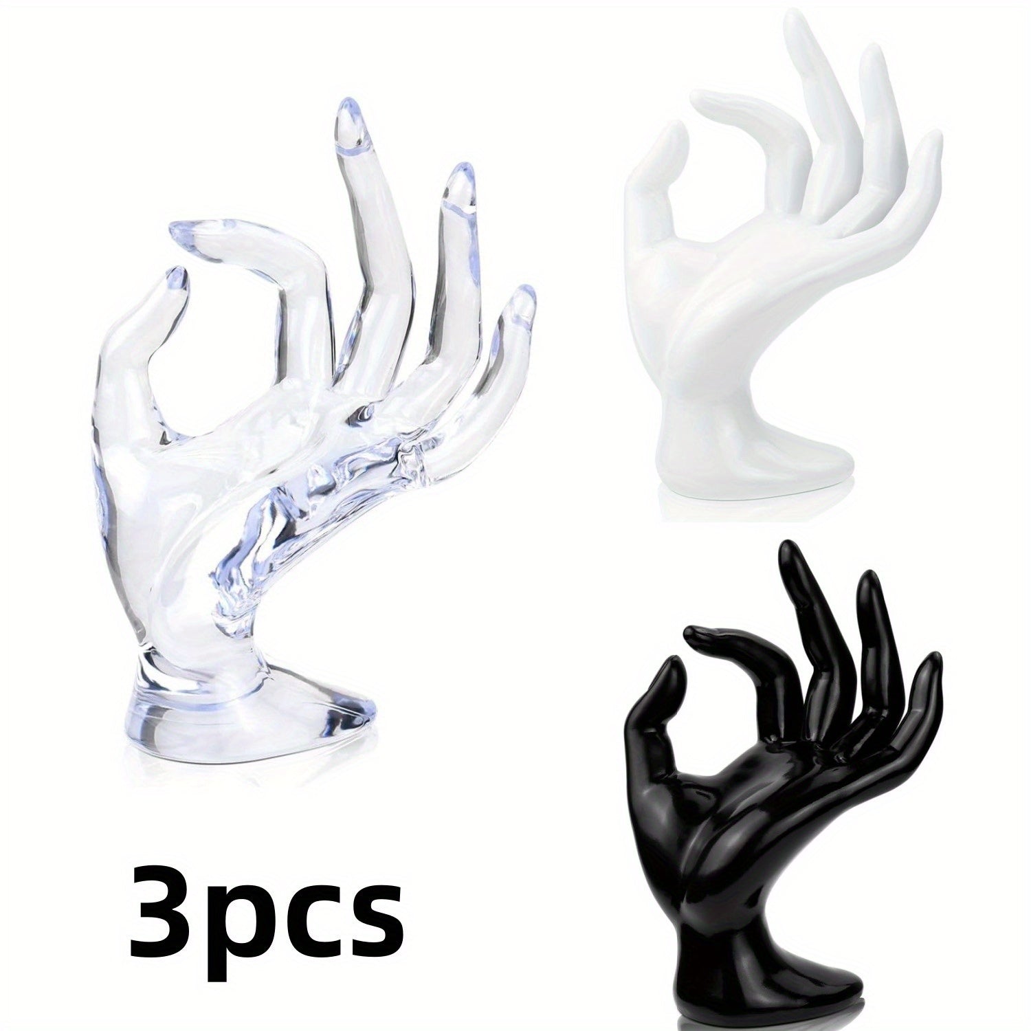 3-Pack Clear, White, Black Jewelry Display Stands - Sturdy Base Mannequin Hand Organizer with - for Home, Salon, Boutique - No Assembly Needed Jewelry Rack for Rings, Bracelets, Watches, Earrings - Space-Saving Countertop or Shelf Storage, Jewelry