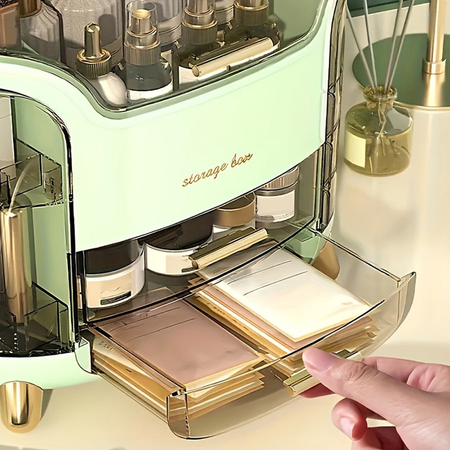 Large Capacity Plastic Cosmetic Organizer with Drawers & Compartments - Elegant Pastel Mint Green & White Portable Makeup Storage Box, Golden-Toned Hardware, Durable Lightweight Design for Bathroom, Vanity, Bedroom - Jewelry & Accessory Organizer, No