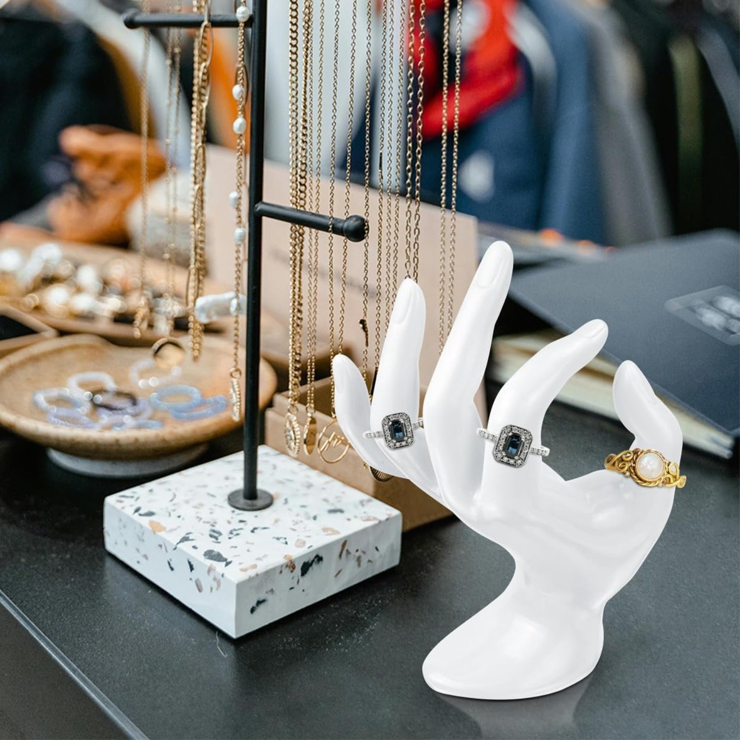 3-Pack Clear, White, Black Jewelry Display Stands - Sturdy Base Mannequin Hand Organizer with - for Home, Salon, Boutique - No Assembly Needed Jewelry Rack for Rings, Bracelets, Watches, Earrings - Space-Saving Countertop or Shelf Storage, Jewelry