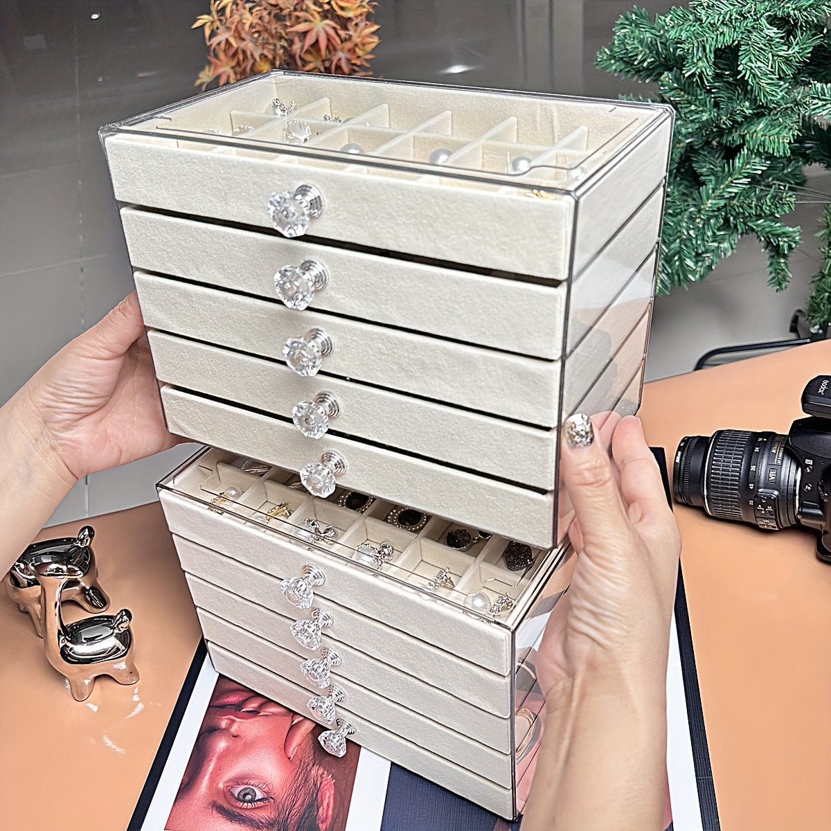 Elevated Transparent Desktop Rhinestone Light Luxury Jewelry Storage Box, Ring Bracelet Necklace Organizer - No Assembly Required Velvet Apricot Gray Home Set, Jewelry Boxes