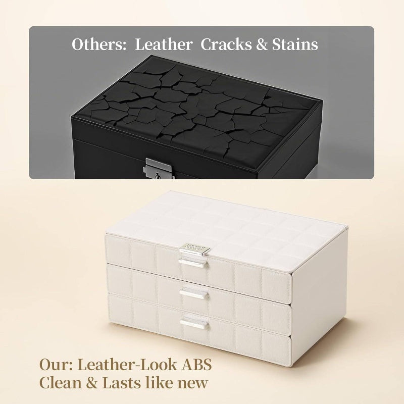 Women's Large Jewelry Box Organizer with Mirror - Waterproof & Dustproof Heavy-Duty Plastic Construction, White Imitation Leather-like Texture, Golden-Toned Hinges & Clear Drawers - Medium Size with Soft Cushioned Compartments for Earrings, Rings,