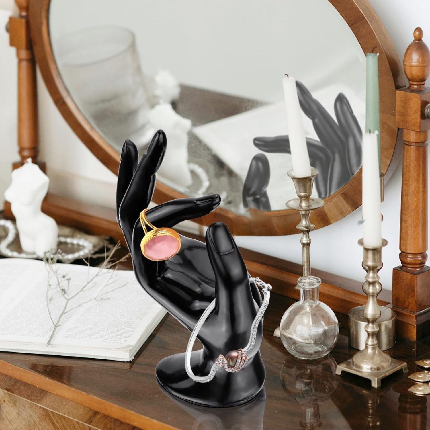 3-Pack Clear, White, Black Jewelry Display Stands - Sturdy Base Mannequin Hand Organizer with - for Home, Salon, Boutique - No Assembly Needed Jewelry Rack for Rings, Bracelets, Watches, Earrings - Space-Saving Countertop or Shelf Storage, Jewelry