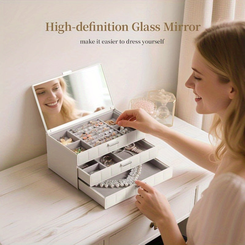 Women's Large Jewelry Box Organizer with Mirror - Waterproof & Dustproof Heavy-Duty Plastic Construction, White Imitation Leather-like Texture, Golden-Toned Hinges & Clear Drawers - Medium Size with Soft Cushioned Compartments for Earrings, Rings,