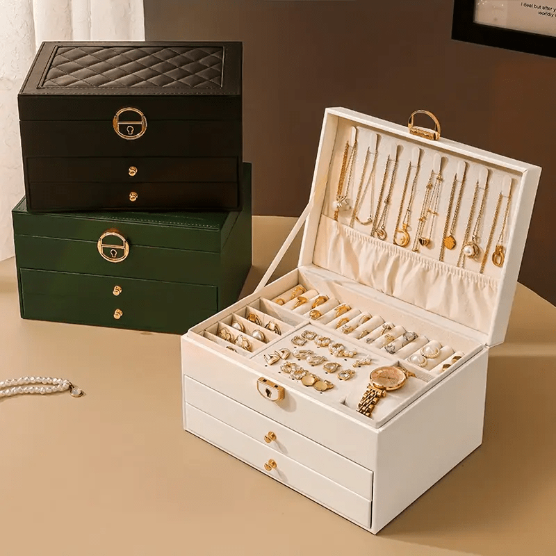 2025 Best-Selling Locking Jewelry Box with Three Layers, Large Capacity Soft Lining for Earrings Rings Necklaces Storage