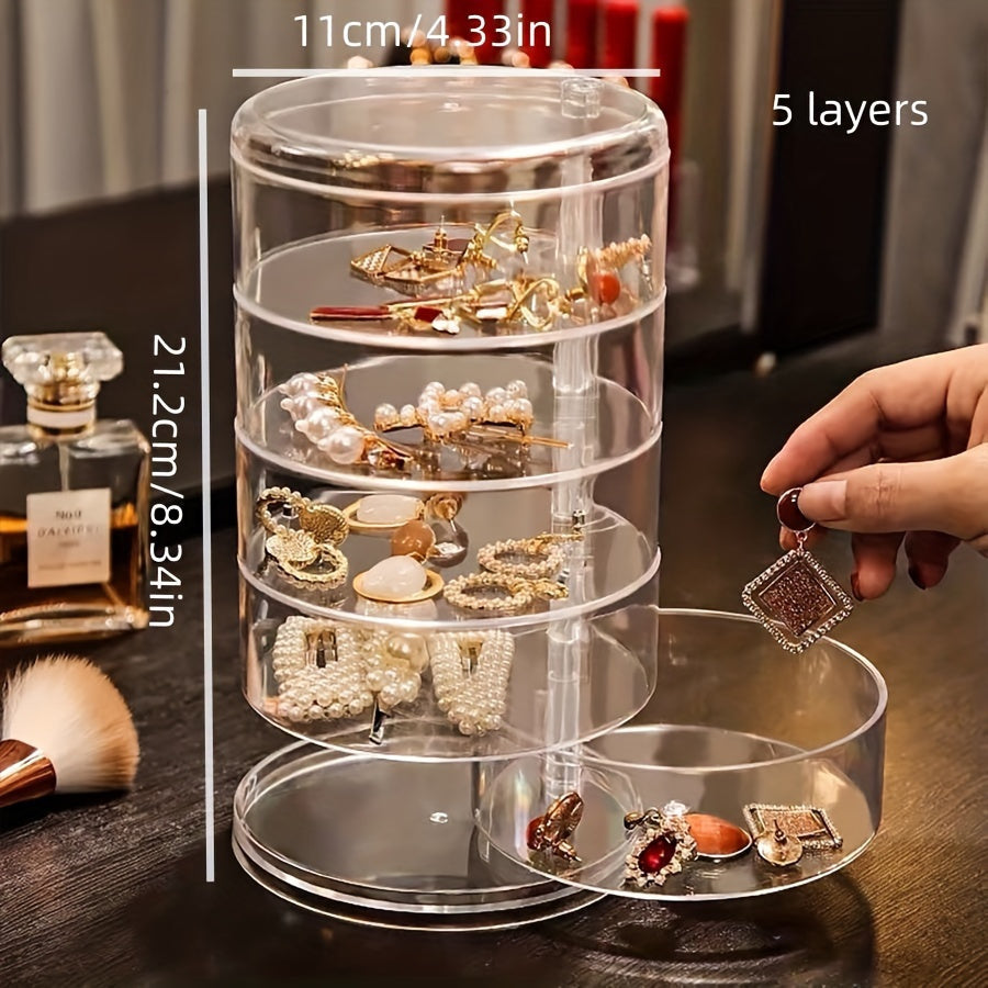Large 5-Layer Rotating Jewelry Organizer Box with Dustproof Lid - Transparent Durable Plastic Oval Design for Earrings, Rings, Necklaces, Bracelets & Watches - Elegant Desktop Storage for Home or Boutique, Jewelry Organizer Storage, Sleek Construction,