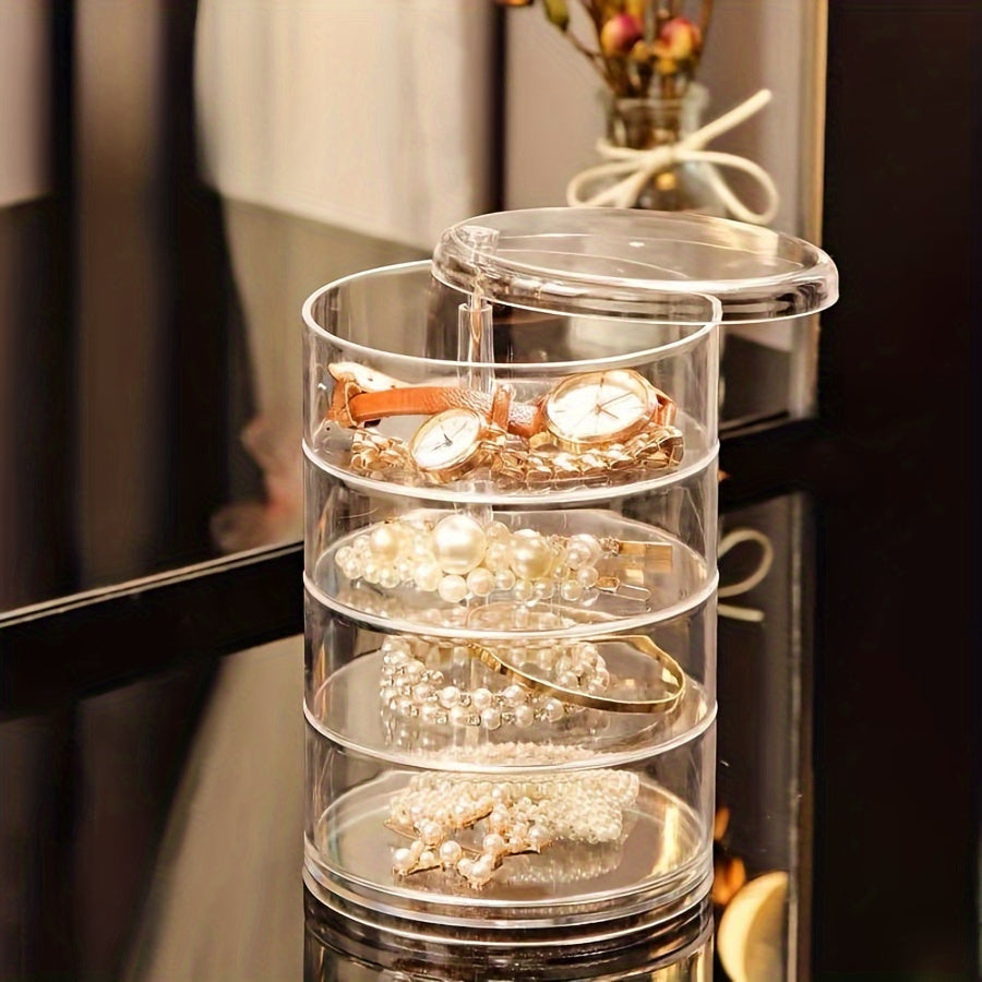 Large 5-Layer Rotating Jewelry Organizer Box with Dustproof Lid - Transparent Durable Plastic Oval Design for Earrings, Rings, Necklaces, Bracelets & Watches - Elegant Desktop Storage for Home or Boutique, Jewelry Organizer Storage, Sleek Construction,