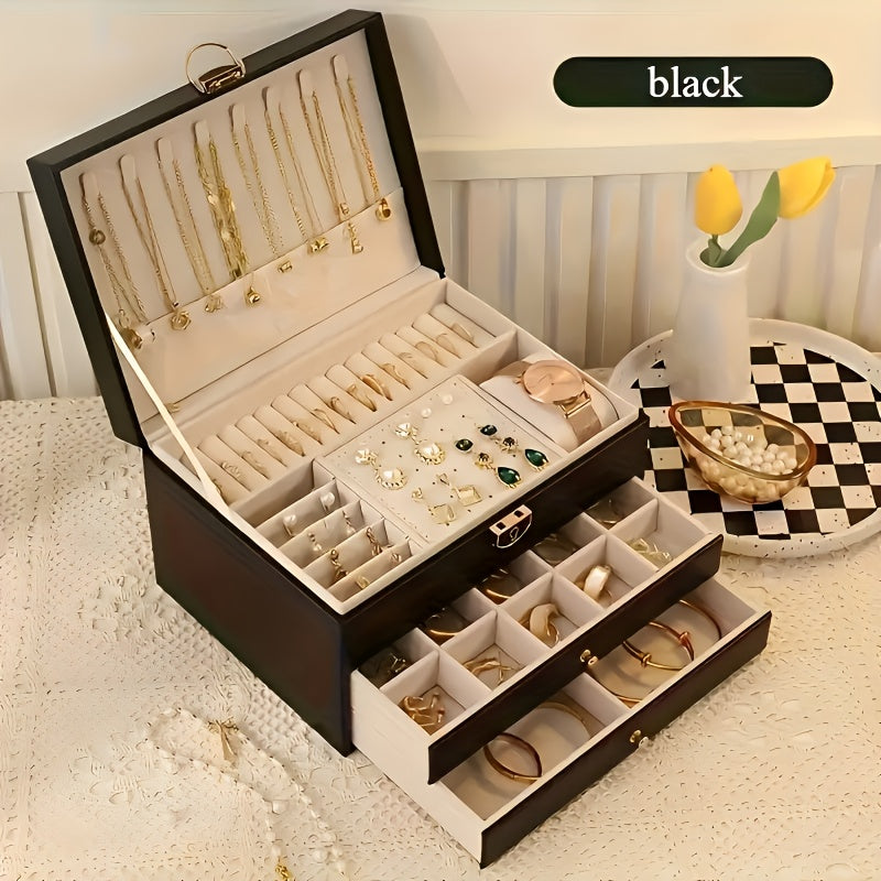 2025 Best-Selling Locking Jewelry Box with Three Layers, Large Capacity Soft Lining for Earrings Rings Necklaces Storage