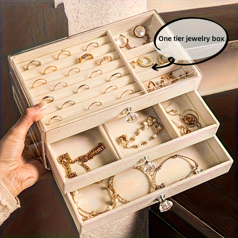 A Three-Layer Acrylic Jewelry Storage Box with Drawers for Earrings, Rings, And Necklaces - Featuring a Moisture-Proof Faux Leather Lining And a Modern Design, This Luxurious Large-Capacity Display Box Set Includes Six Pieces, Making It Perfect for Gifts