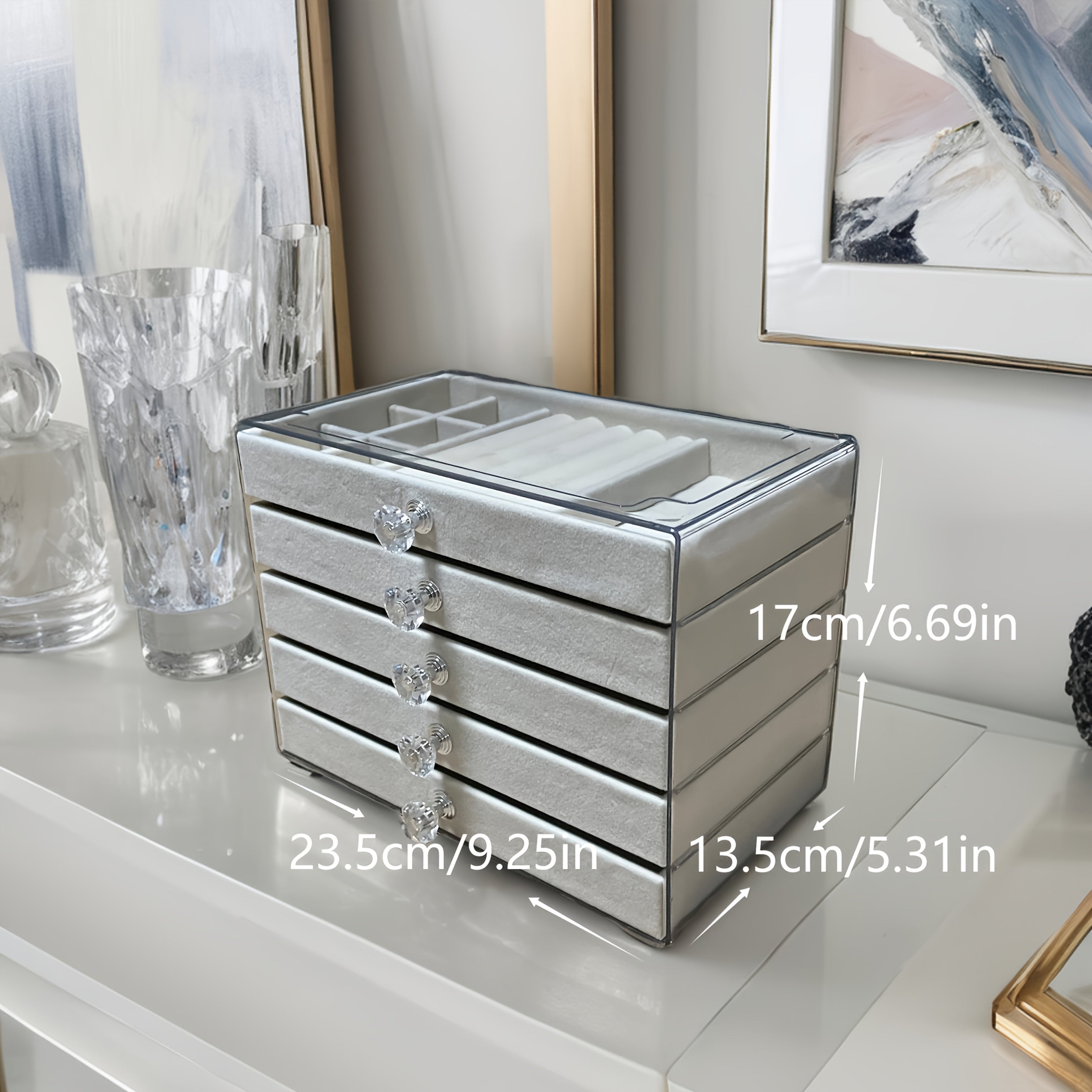 1pc 5-Tier Velvet-Lined Acrylic Jewelry Box with Handle - Elegant Desktop Organizer for Earrings, Makeup, Accessories - Classic Rectangular Design for Vanity, Bathroom, Dresser Storage