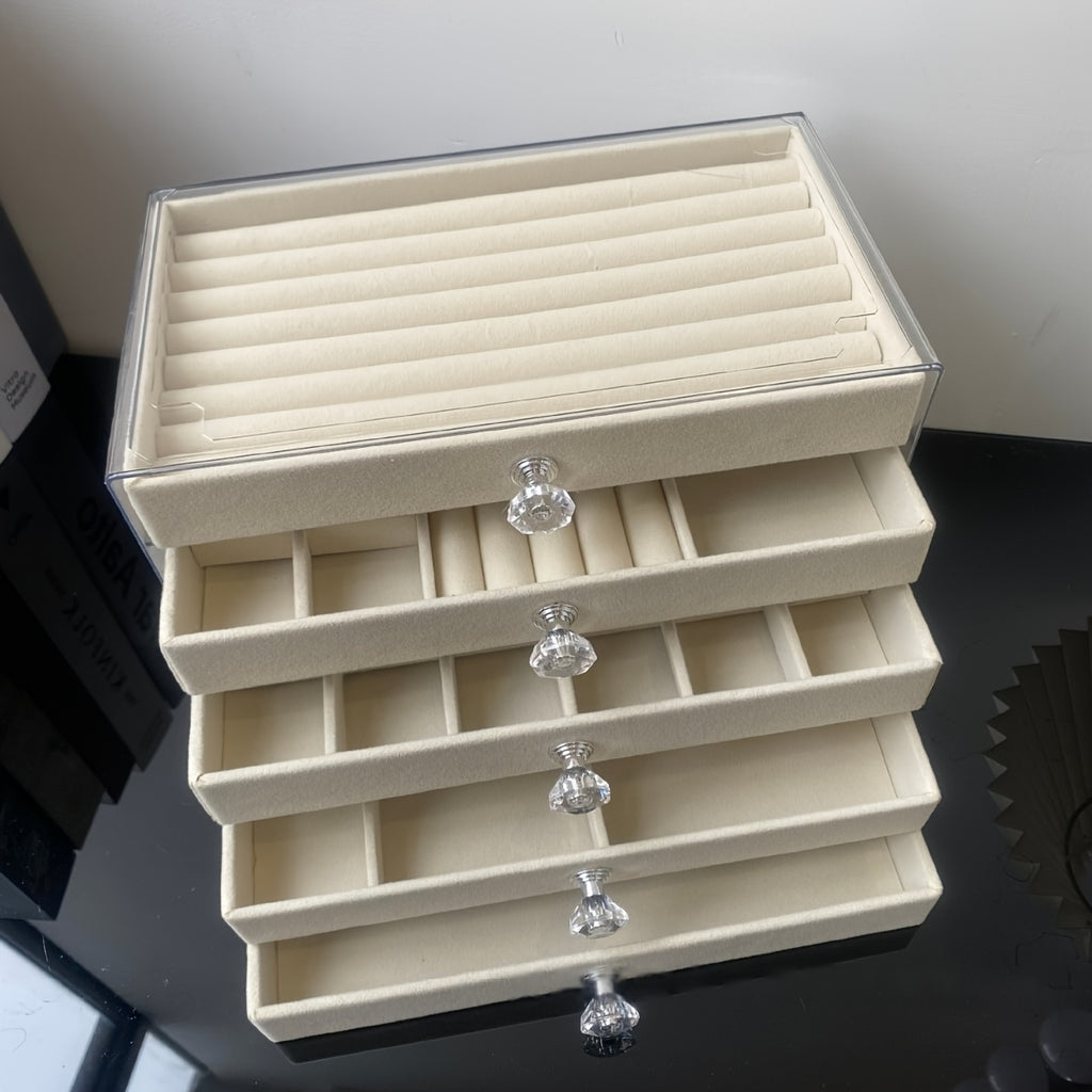 1pc 5-Tier Velvet-Lined Acrylic Jewelry Box with Handle - Elegant Desktop Organizer for Earrings, Makeup, Accessories - Classic Rectangular Design for Vanity, Bathroom, Dresser Storage