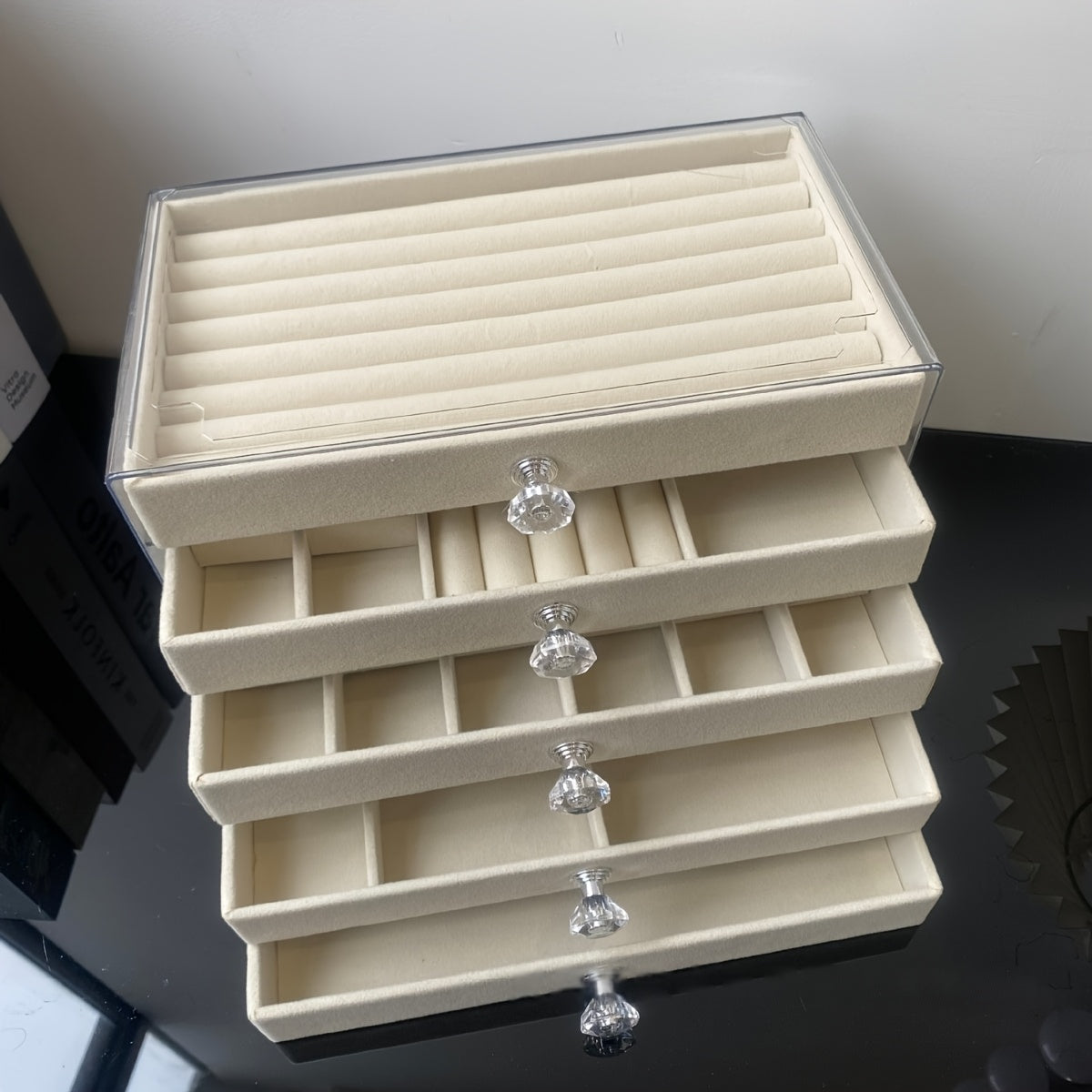 1pc 5-Tier Velvet-Lined Acrylic Jewelry Box with Handle - Elegant Desktop Organizer for Earrings, Makeup, Accessories - Classic Rectangular Design for Vanity, Bathroom, Dresser Storage