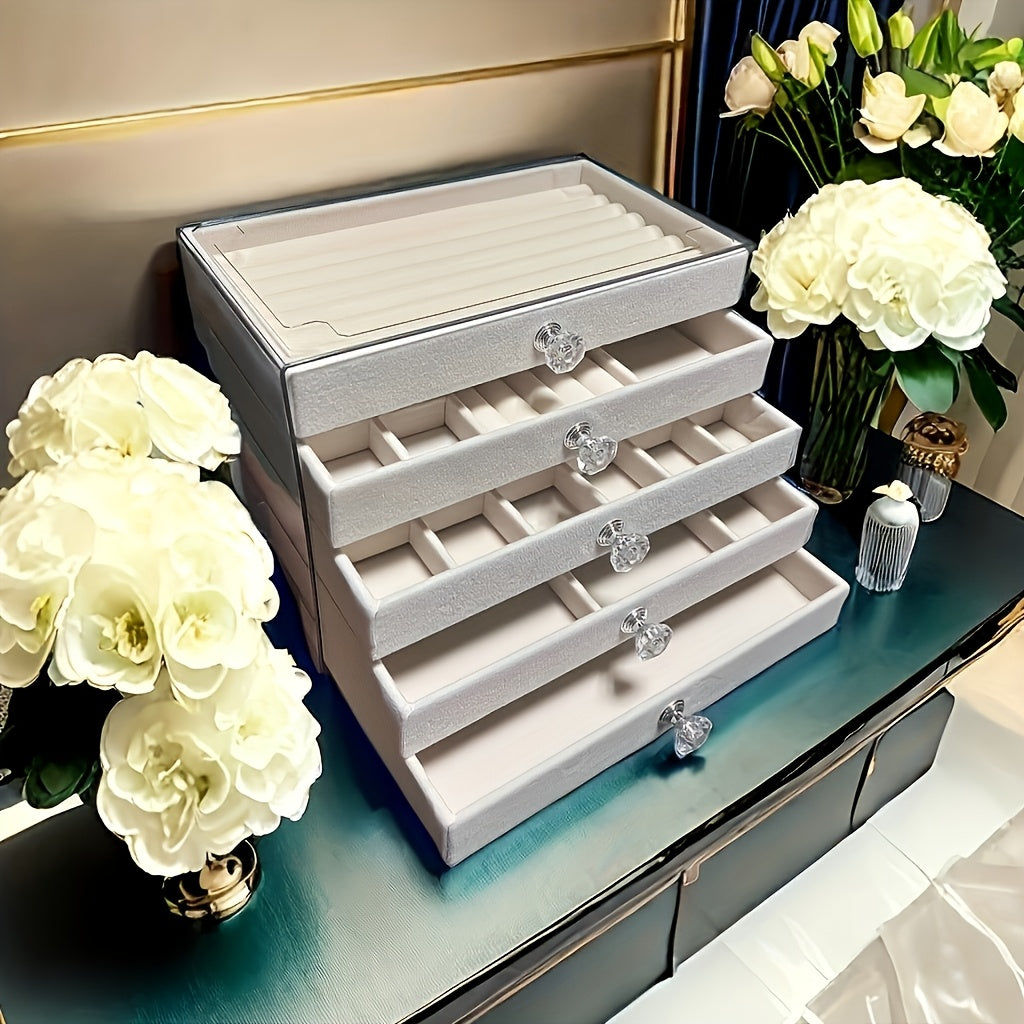 1pc 5-Tier Velvet-Lined Acrylic Jewelry Box with Handle - Elegant Desktop Organizer for Earrings, Makeup, Accessories - Classic Rectangular Design for Vanity, Bathroom, Dresser Storage