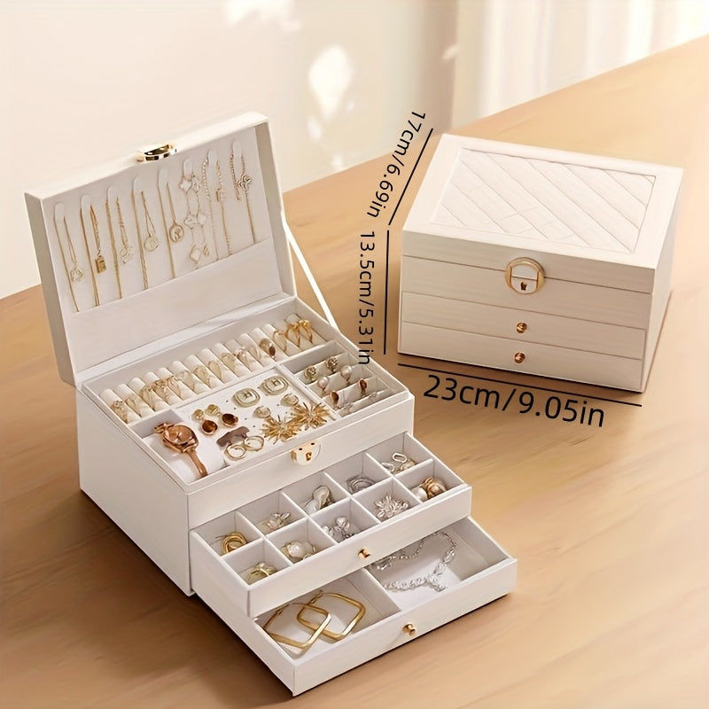 Fashionable High-End Jewelry Storage Box with Three Drawers, Large Capacity, Elegant Desktop Display Box, Multiple Compartments for Necklaces, Earrings, Rings, And Bracelets, No Power Required