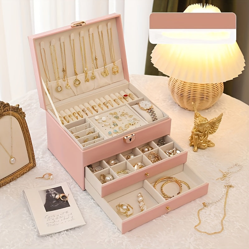 Fashionable High-End Jewelry Storage Box with Three Drawers, Large Capacity, Elegant Desktop Display Box, Multiple Compartments for Necklaces, Earrings, Rings, And Bracelets, No Power Required