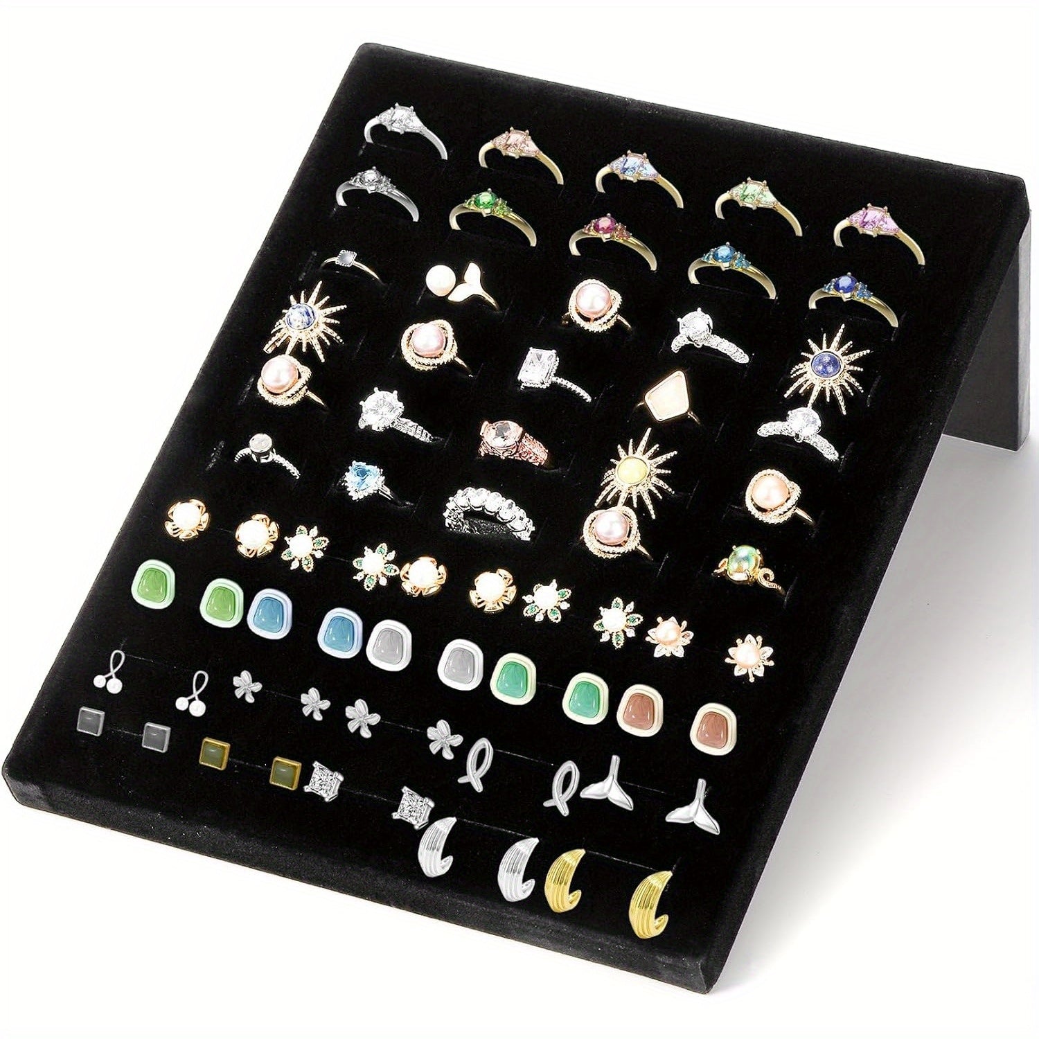 Hiceeden 3-Pack L-Shaped Jewelry Display Stands with 60 Slots - Black Velvet-Lined Plastic Ring Organizer Trays for Earrings, Rings, Bracelets - Desktop Retail Store & Home Storage, Earring Arrangement, Intertwined Design, Durable Construction, Jewelry