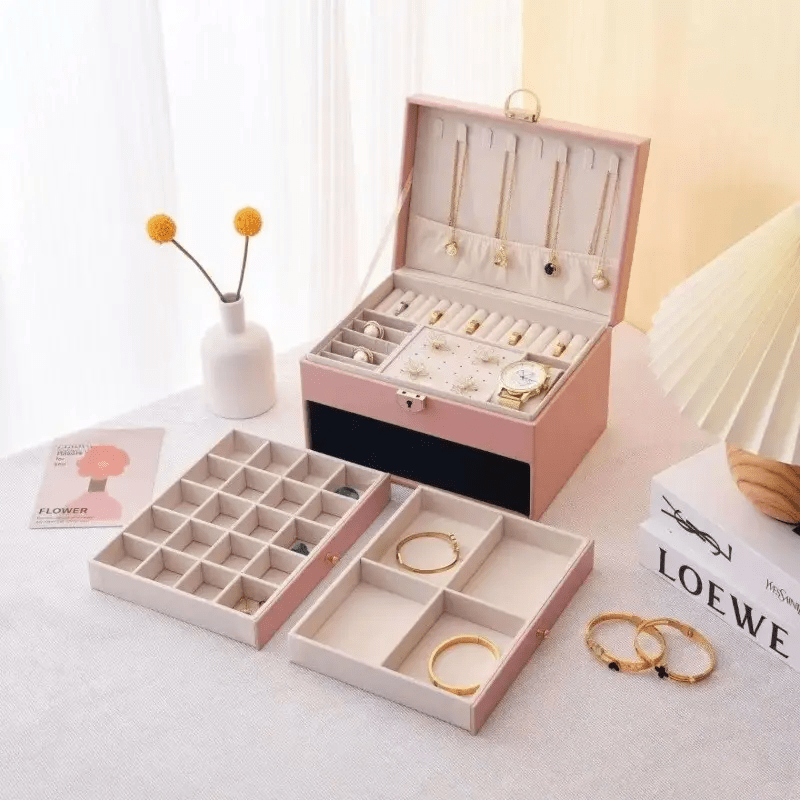 Vintage Elegant Jewelry Organizer Box with Soft Beige/Lined Interior - Multi-Layer Storage for Necklaces, Earrings, Rings, Watches - Elegant Jewelry Case for Wedding, Home Decor, Birthday/Anniversary Gift - Durable PU Leather Construction, Wedding