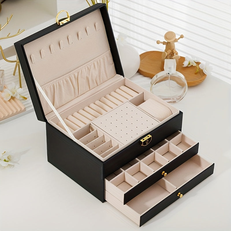 2025 Best-Selling Locking Jewelry Box with Three Layers, Large Capacity Soft Lining for Earrings Rings Necklaces Storage