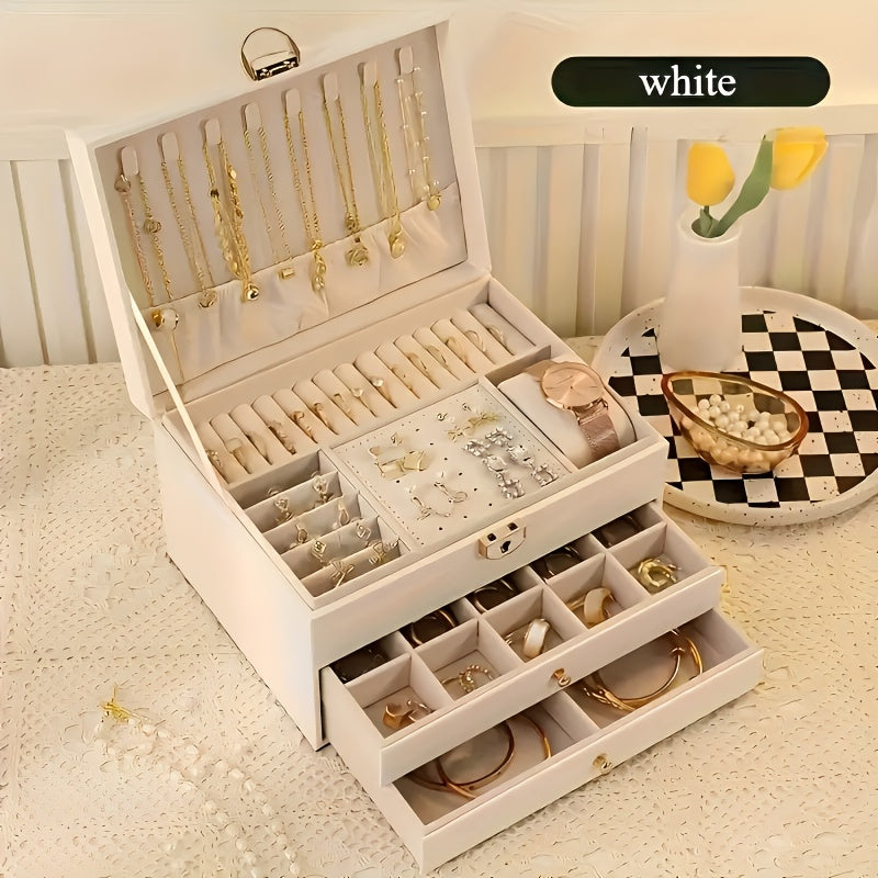 2025 Best-Selling Locking Jewelry Box with Three Layers, Large Capacity Soft Lining for Earrings Rings Necklaces Storage